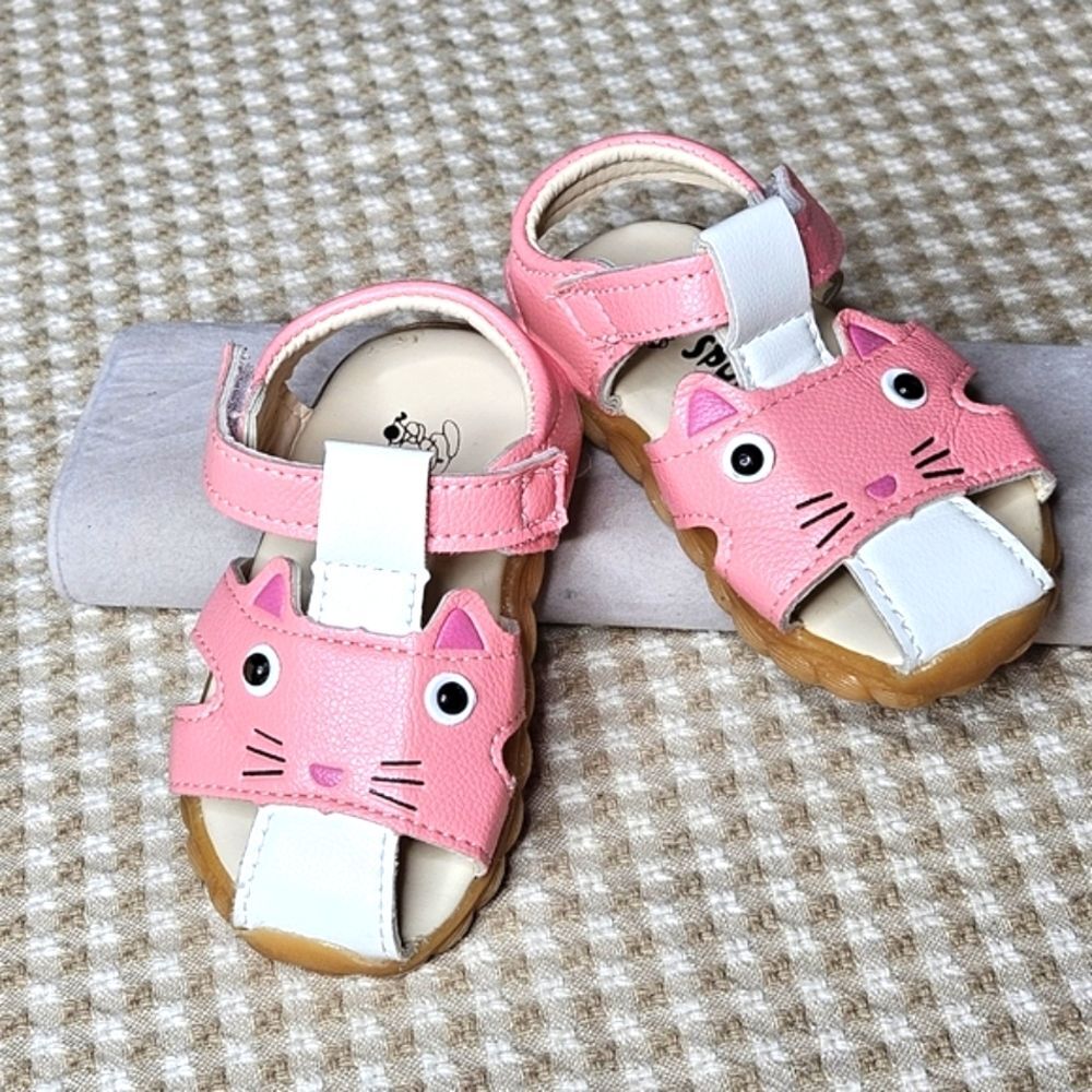 Sportx Pink Kitty Cat Closed Toe Velcro Closure Rubber Sole Infant Girls Sandals